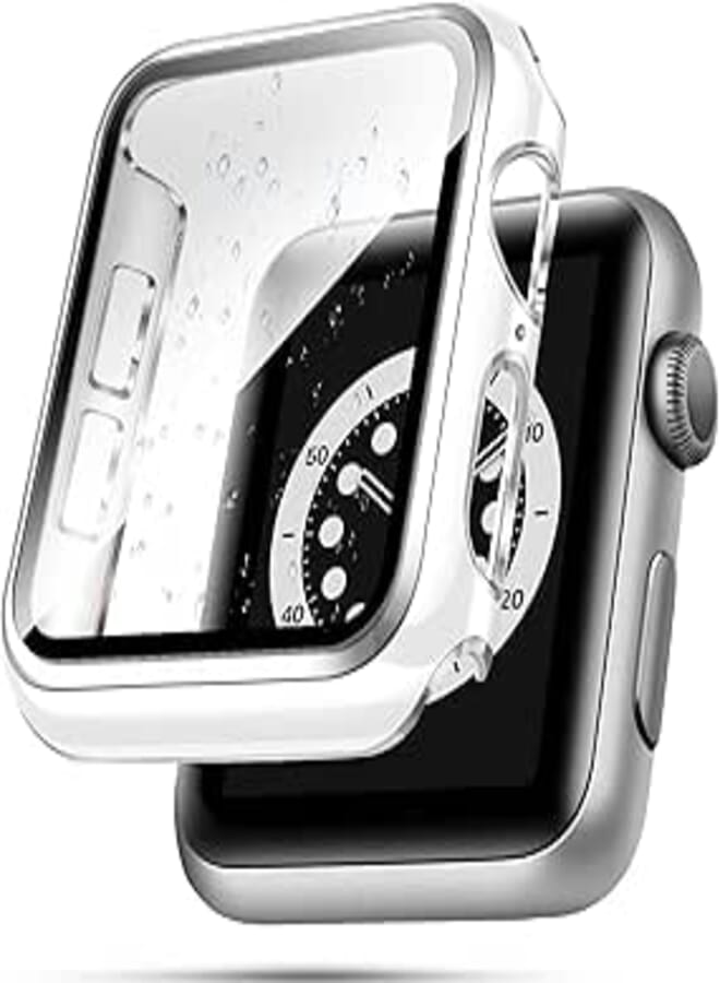 top4cus 45mm Case Compatible with Apple Watch, with Built-in Tempered Glass Screen Protector, PC Cover for iWatch Series 9/8/7/SE 2rd SE 6 5 4/3 2 for Choice (45mm, White + Silver Edge)